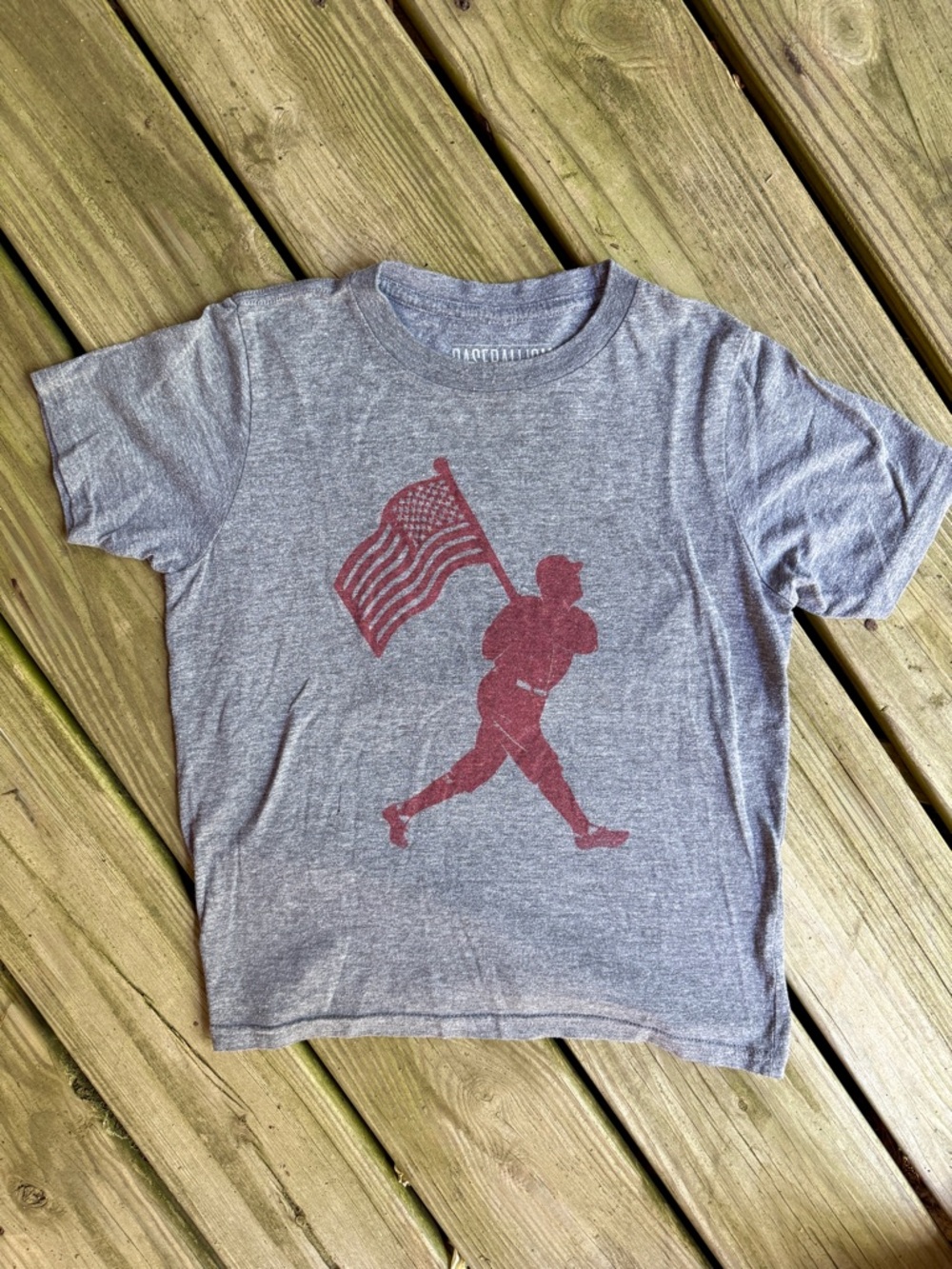 Kids Heather Gray Baseball Tee with Red Flag Man Graphic